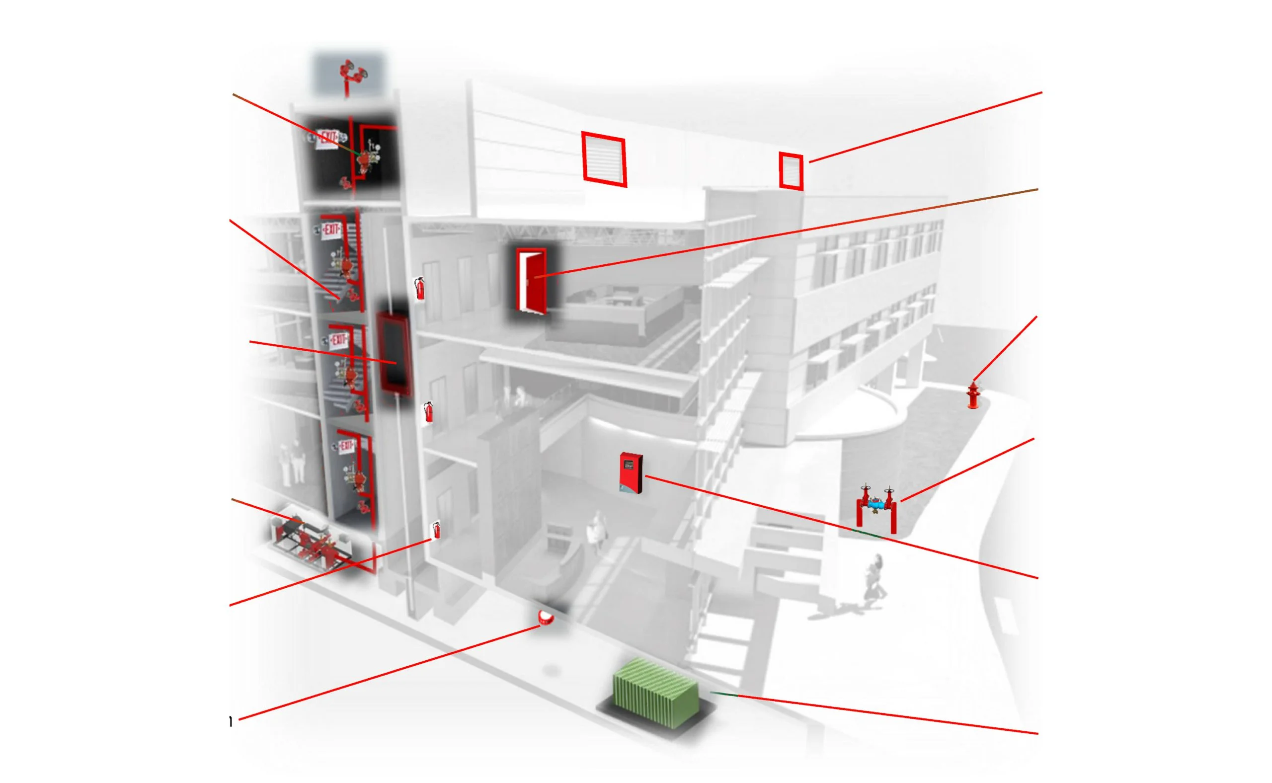 Commercial building fire protection system layout with sprinklers, alarms, extinguishers, and emergency exits